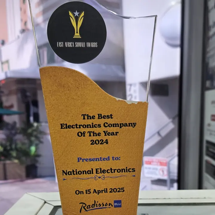 East Africa Somali Awards trophy: The Best Electronics Company of the Year 2024, presented to Nashnaal Electronics (the trophy reads National Electronics)
