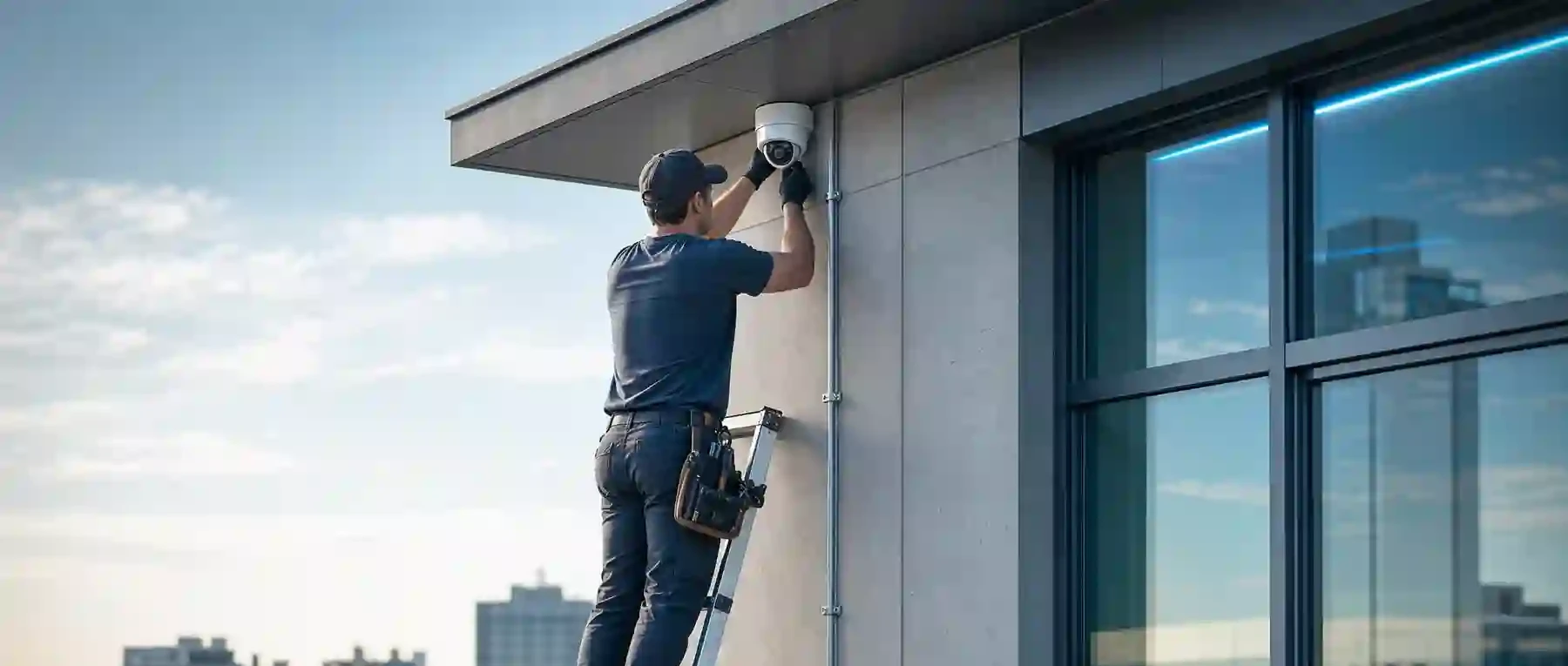 NE technician installing a Hikvision CCTV camera on a building in Kenya
