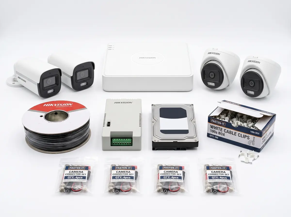 3K ColorVu with audio camera kit: bullet and dome cameras, DVR, hard disk, power supply, cable, connectors and clips