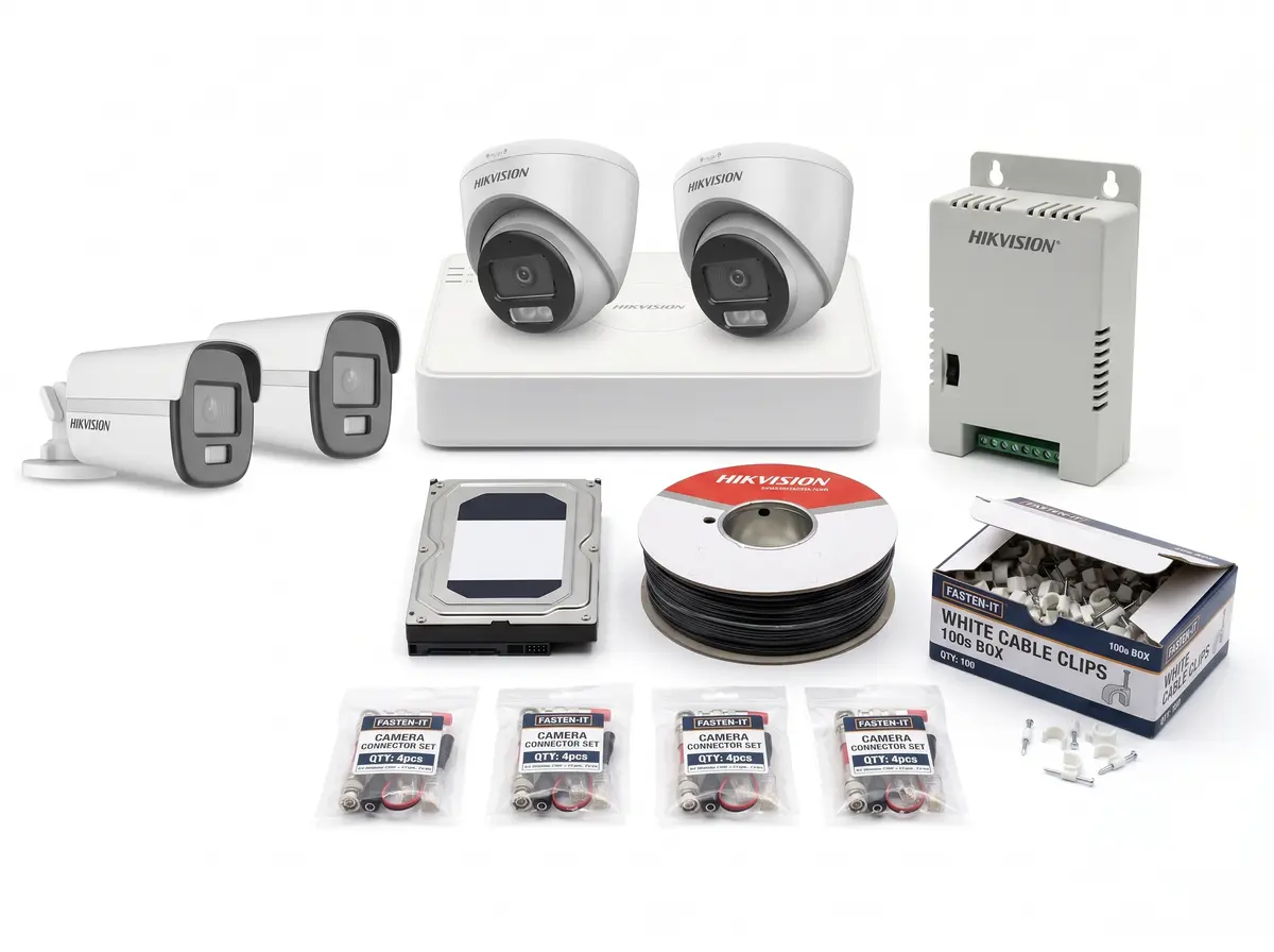 3K ColorVu long range camera kit: bullet and dome cameras, DVR, hard disk, power supply, cable, connectors and clips