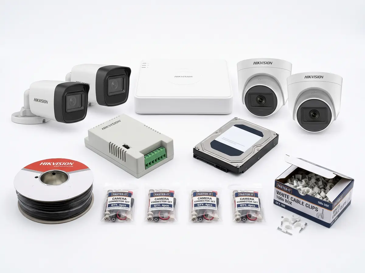 1080p IR with hard disk camera kit: bullet and dome cameras, DVR, hard disk, power supply, cable, connectors and clips