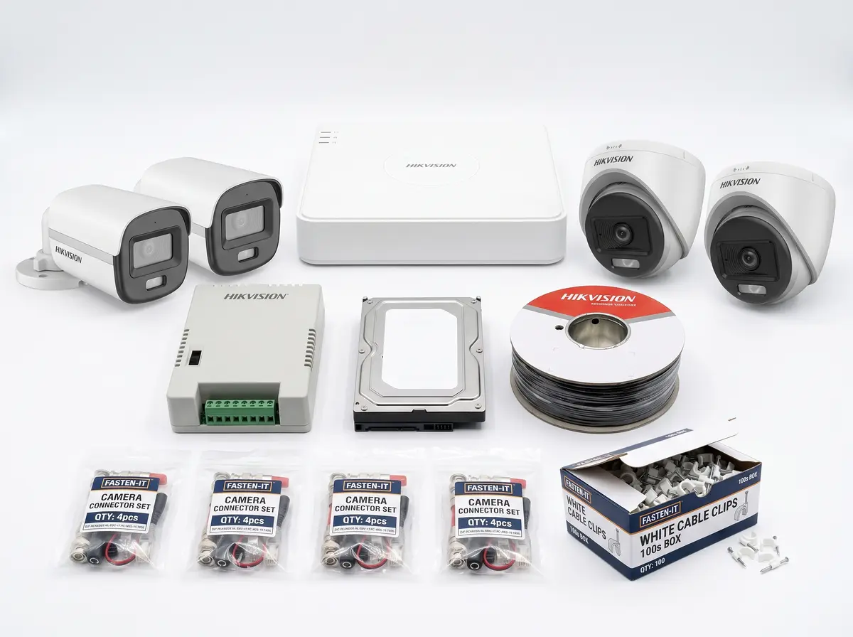 1080p ColorVu with audio camera kit: bullet and dome cameras, DVR, hard disk, power supply, cable, connectors and clips