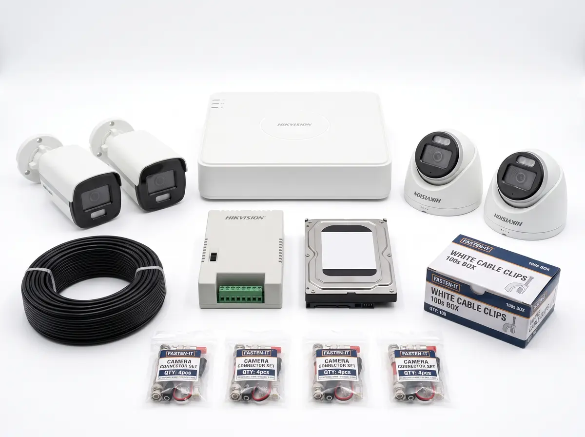 1080p ColorVu long range camera kit: bullet and dome cameras, DVR, hard disk, power supply, cable, connectors and clips