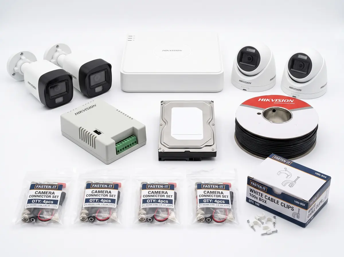 3K Smart Hybrid Light with audio camera kit: bullet and dome cameras, DVR, hard disk, power supply, cable, connectors and clips