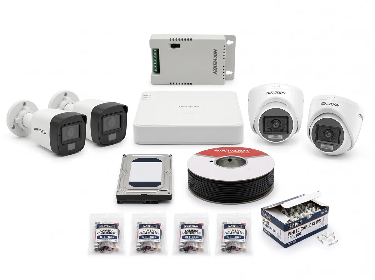 1080p Smart Hybrid Light with audio camera kit: bullet and dome cameras, DVR, hard disk, power supply, cable, connectors and clips
