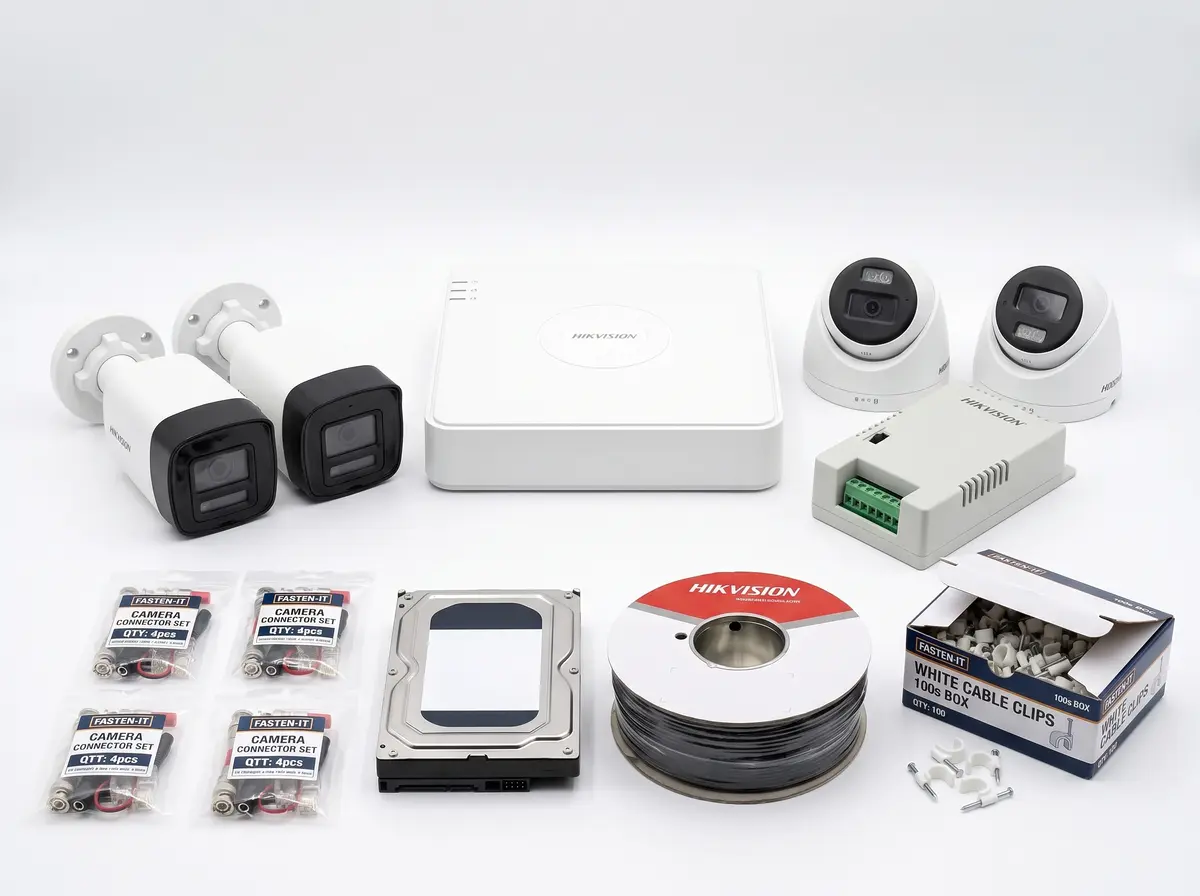 Turbo HD 8.0 siren deterrence camera kit: bullet and dome cameras, DVR, hard disk, power supply, cable, connectors and clips