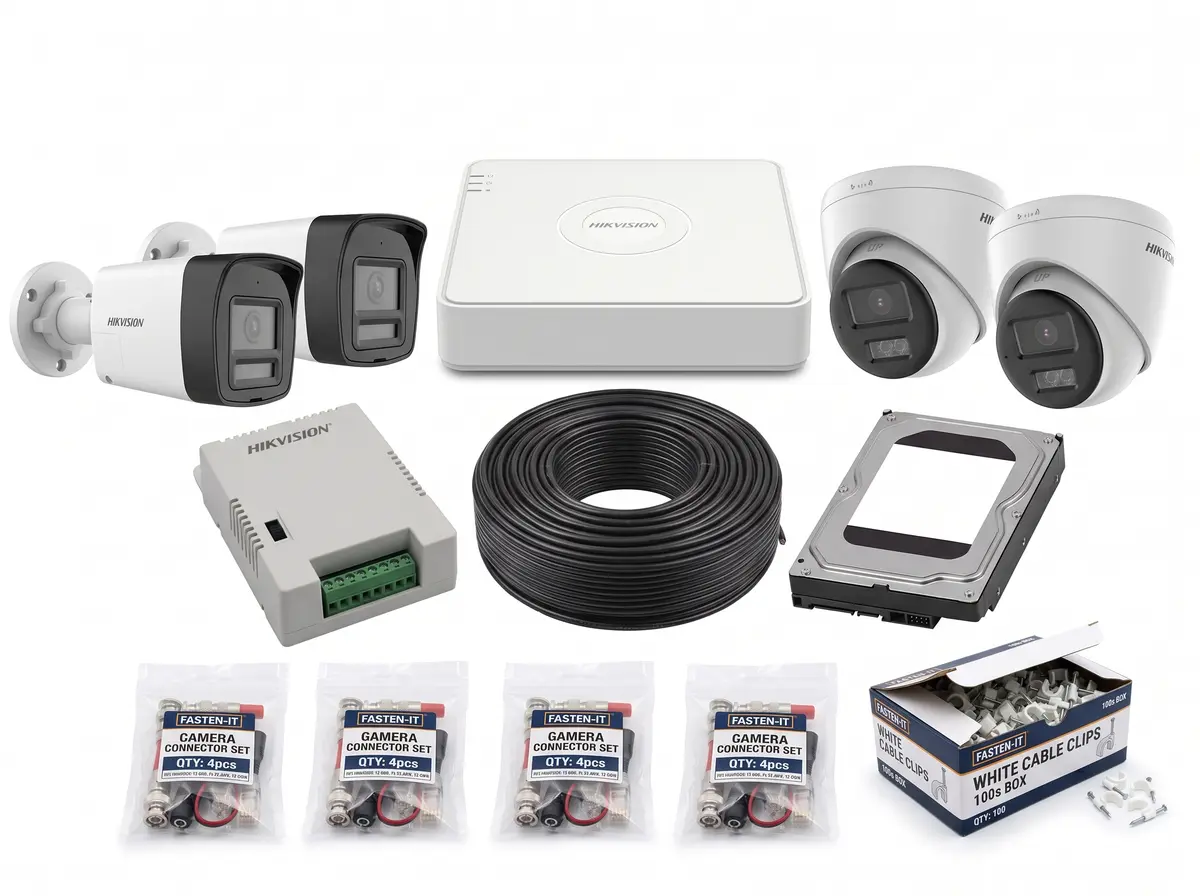 Turbo HD 8.0 two-way audio camera kit: bullet and dome cameras, DVR, hard disk, power supply, cable, connectors and clips