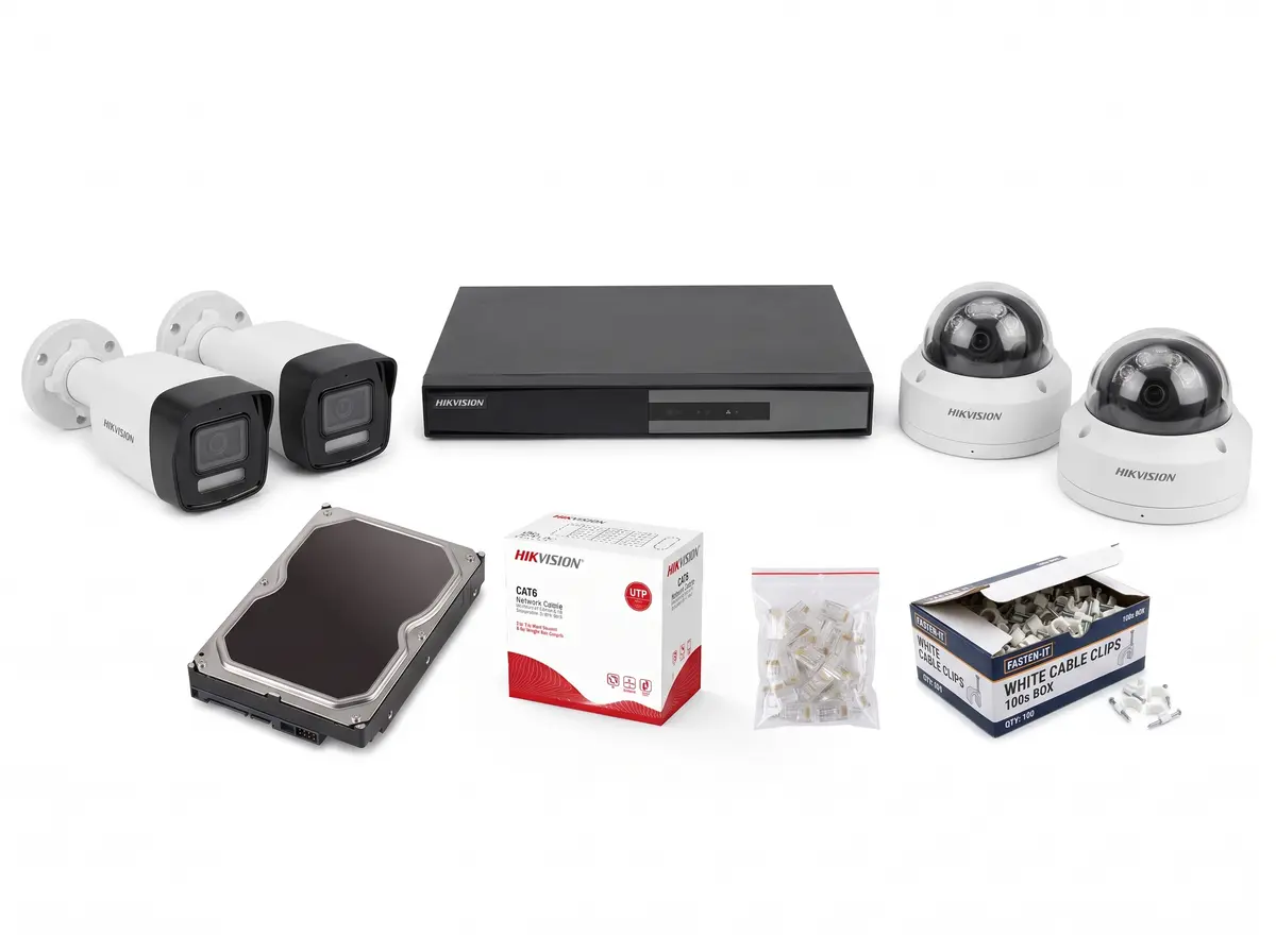 2MP Smart Hybrid Light camera kit: bullet and dome IP cameras, PoE NVR, hard disk, CAT6 cable, RJ45 plugs and clips