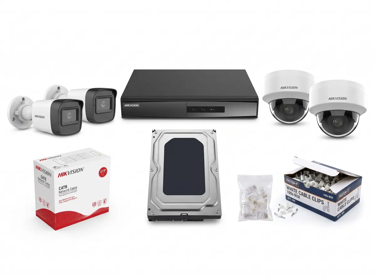 2MP IP IR camera kit: bullet and dome IP cameras, PoE NVR, hard disk, CAT6 cable, RJ45 plugs and clips