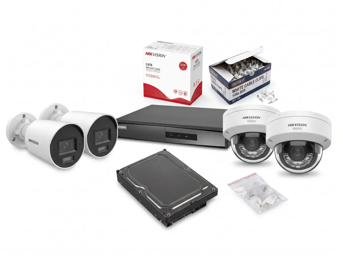 4MP AcuSense ColorVu camera kit: bullet and dome IP cameras, PoE NVR, hard disk, CAT6 cable, RJ45 plugs and clips