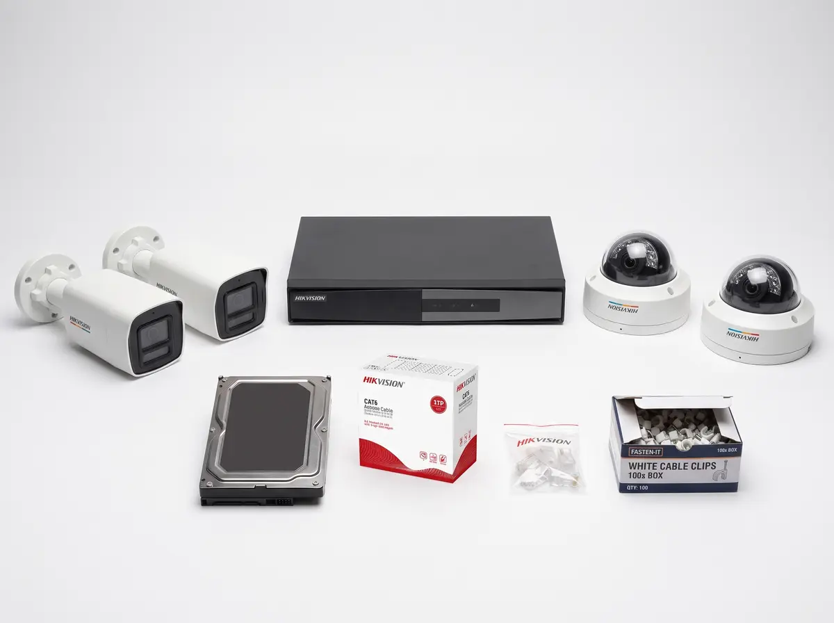 4MP ColorVu camera kit: bullet and dome IP cameras, PoE NVR, hard disk, CAT6 cable, RJ45 plugs and clips