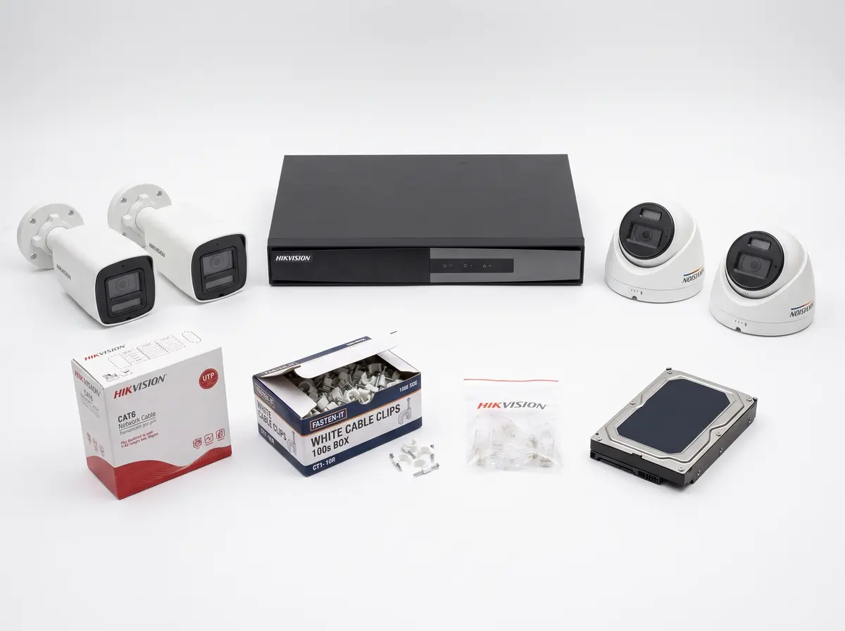 4MP ColorVu with red & blue strobe camera kit: bullet and dome IP cameras, PoE NVR, hard disk, CAT6 cable, RJ45 plugs and clips