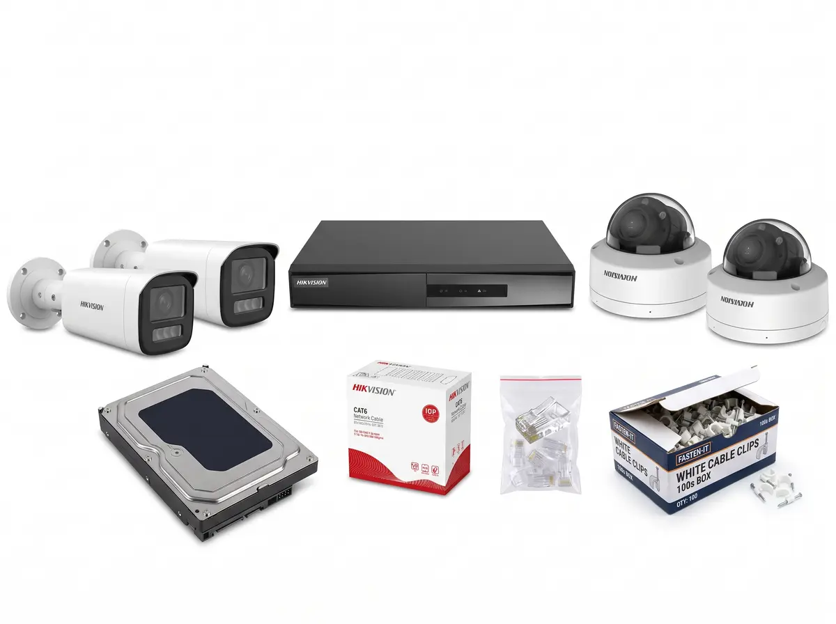 4MP motorised zoom camera kit: bullet and dome IP cameras, PoE NVR, hard disk, CAT6 cable, RJ45 plugs and clips