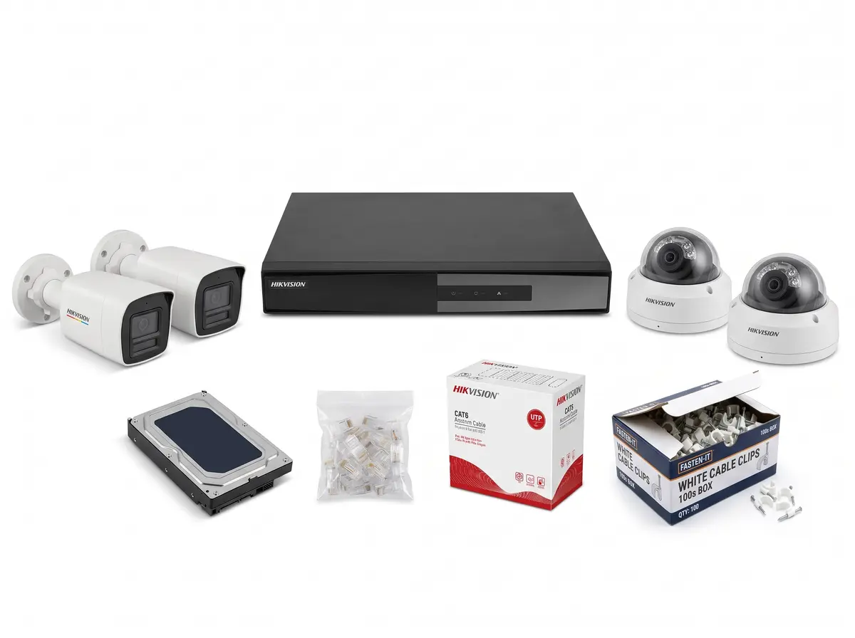 6MP ColorVu camera kit: bullet and dome IP cameras, PoE NVR, hard disk, CAT6 cable, RJ45 plugs and clips