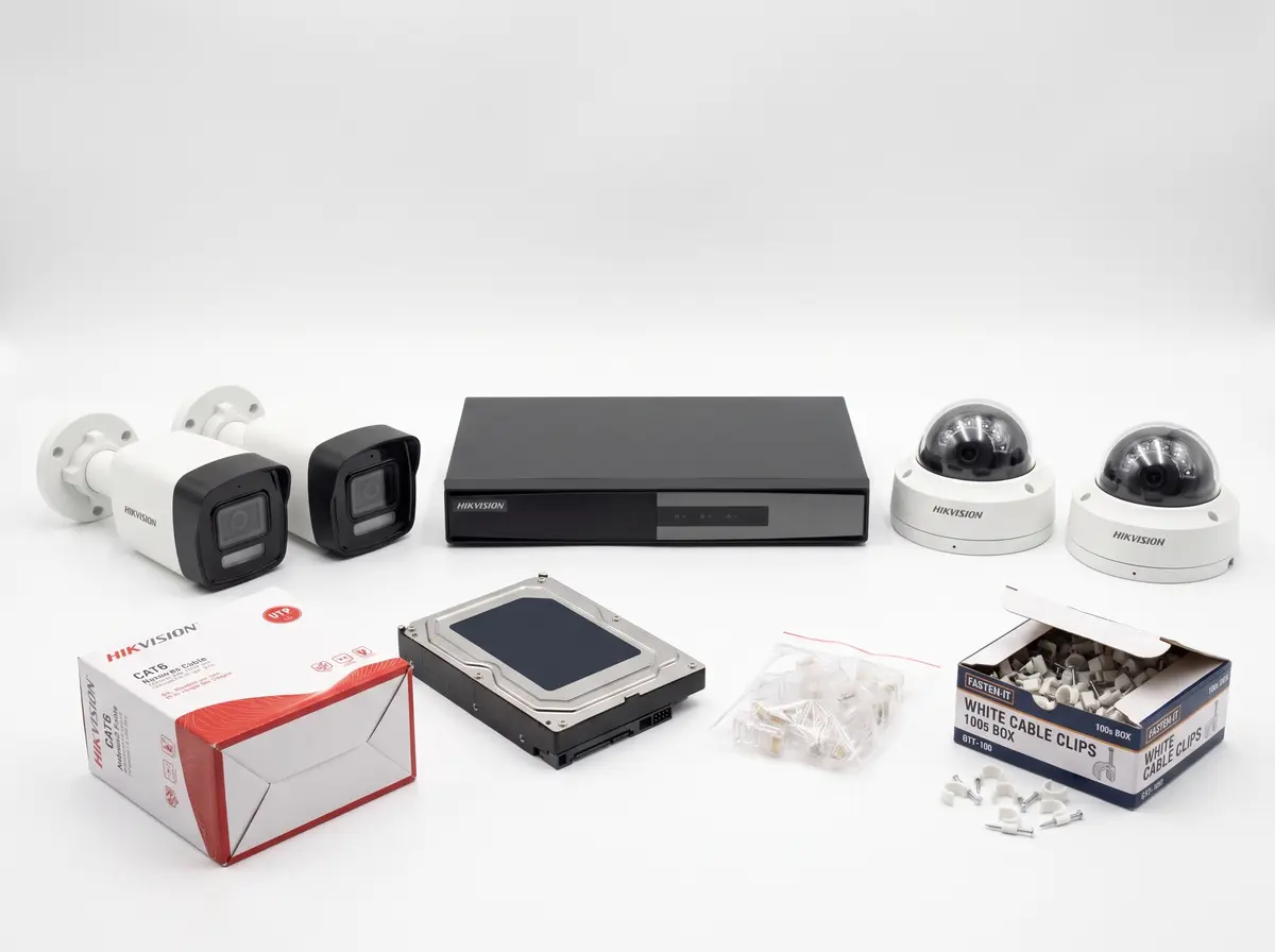 6MP Smart Hybrid Light camera kit: bullet and dome IP cameras, PoE NVR, hard disk, CAT6 cable, RJ45 plugs and clips