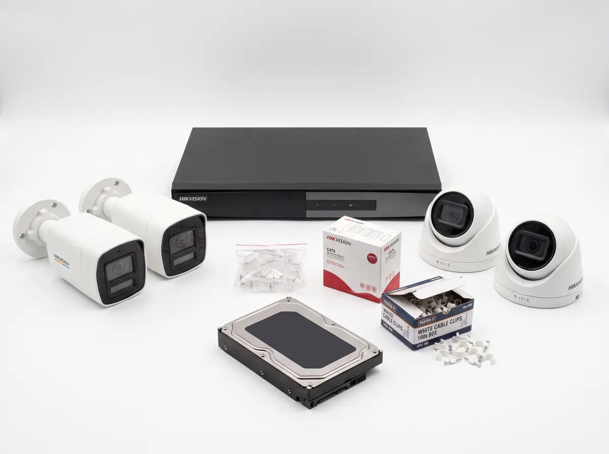 6MP ColorVu with red & blue strobe camera kit: bullet and dome IP cameras, PoE NVR, hard disk, CAT6 cable, RJ45 plugs and clips