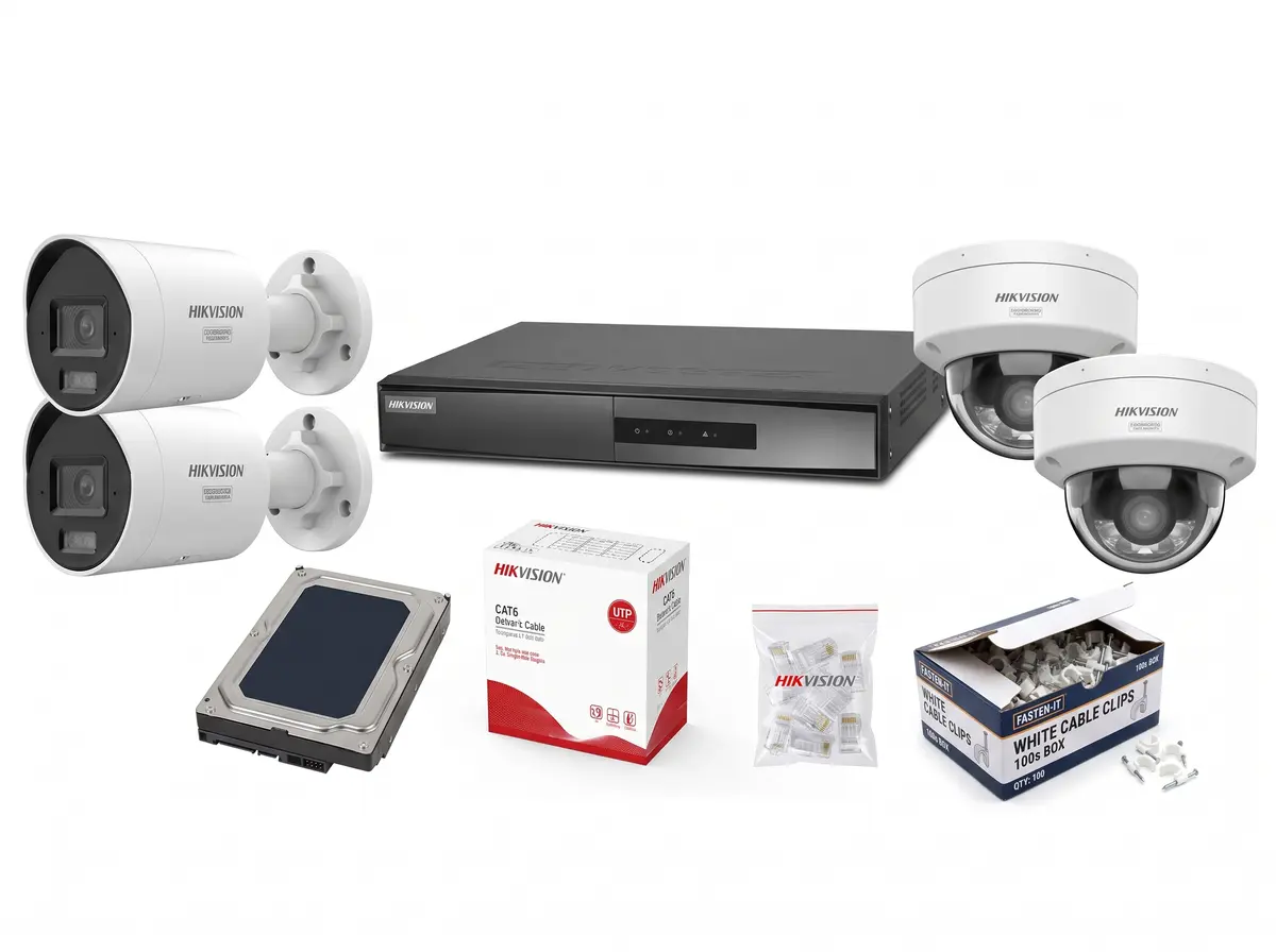 8MP 4K AcuSense ColorVu camera kit: bullet and dome IP cameras, PoE NVR, hard disk, CAT6 cable, RJ45 plugs and clips