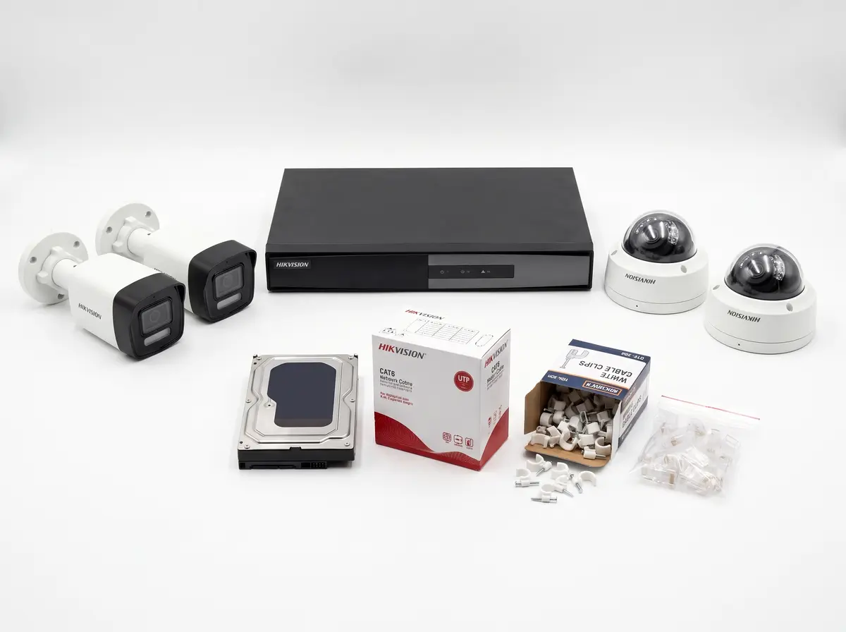 8MP 4K Smart Hybrid Light camera kit: bullet and dome IP cameras, PoE NVR, hard disk, CAT6 cable, RJ45 plugs and clips